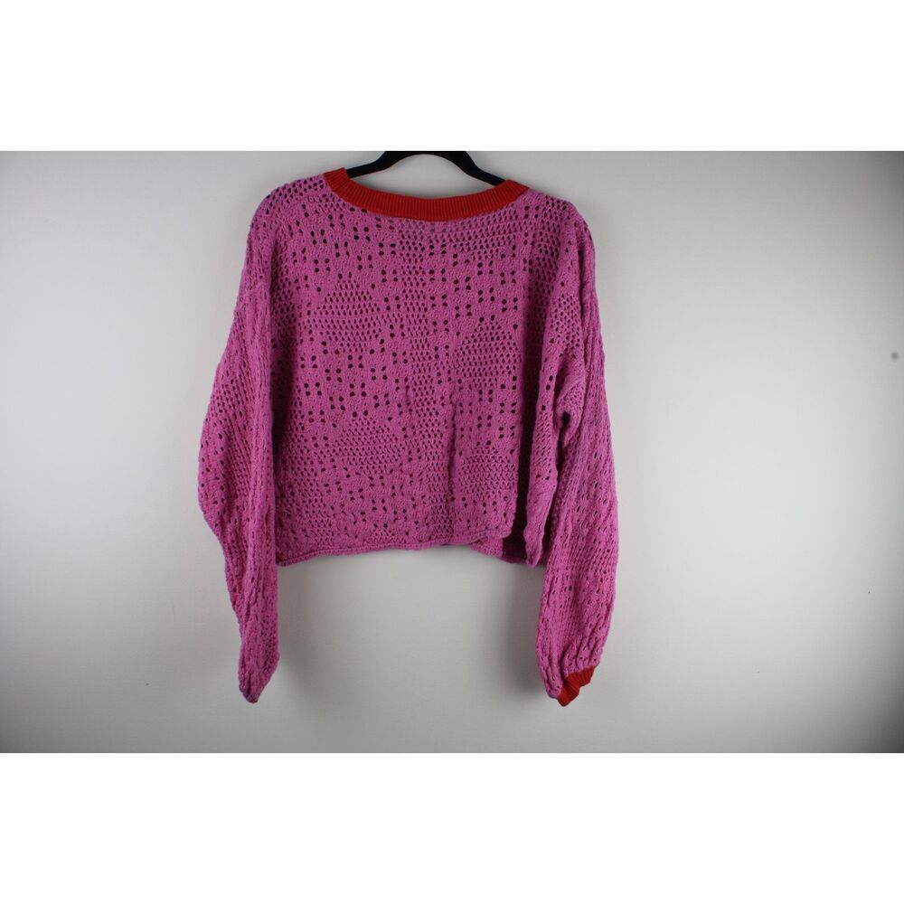 Free People Home Run Sweater S Pink Red Crochet Open Knit Cropped Boho
